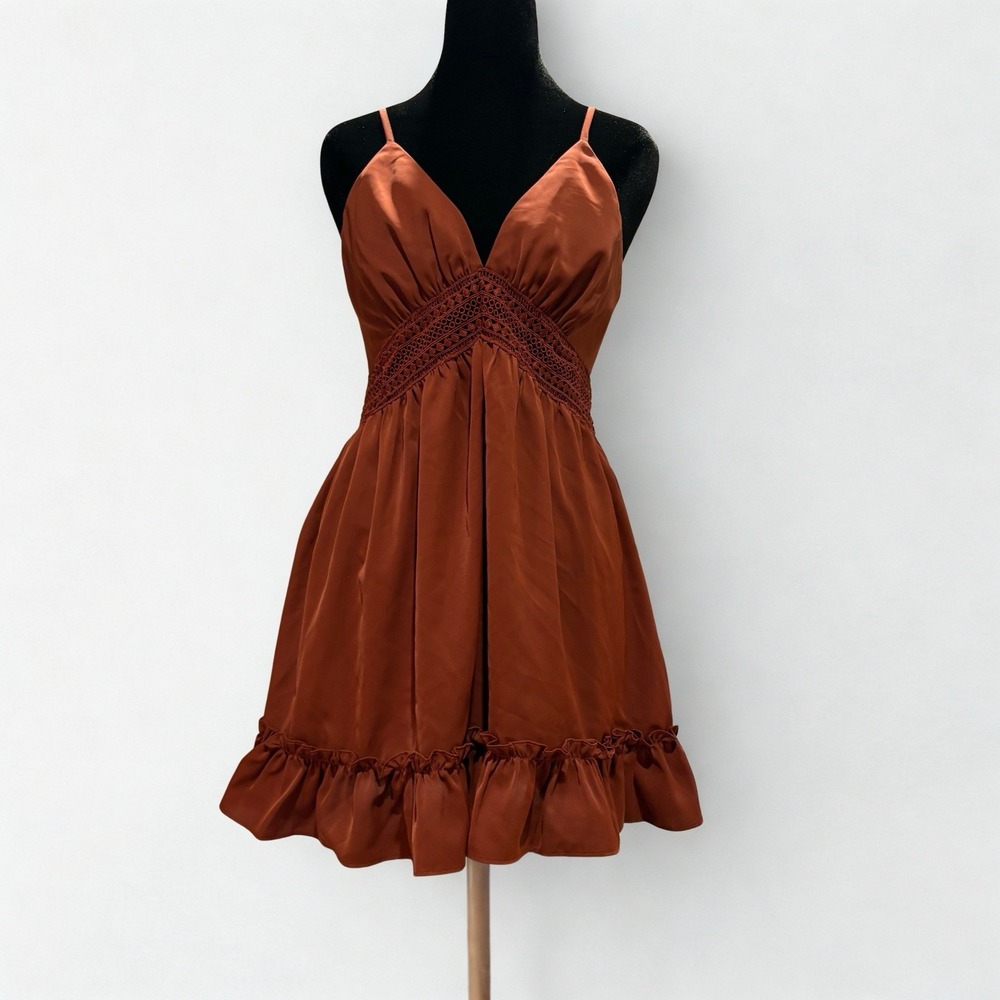 Cider Hollow Out Mini Dress Size Small Baby Doll Ruffle Burnt Orange - Picture 2 of 5